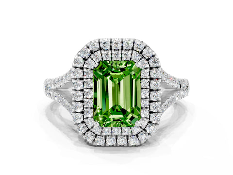 White gold Double Halo Emerald Cut Peridot Pavé Split Shank Ring with Prong Setting