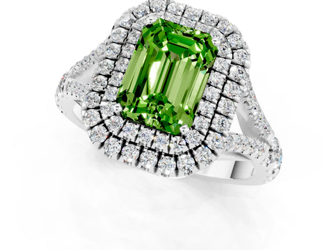 White gold Double Halo Emerald Cut Peridot Split Shank Engagement Ring with Four-Prong Setting_1