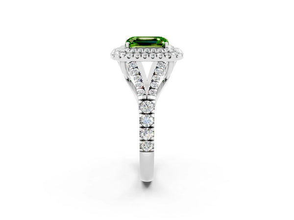 Platinum Double Halo Emerald Cut Peridot Split Shank Engagement Ring with Four-Prong Setting