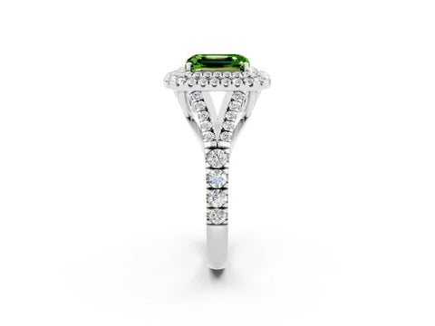 White gold Double Halo Emerald Cut Peridot Split Shank Engagement Ring with Four-Prong Setting_2