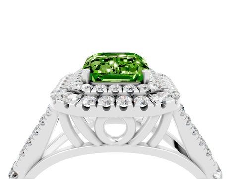 White gold Double Halo Emerald Cut Peridot Split Shank Engagement Ring with Four-Prong Setting_4