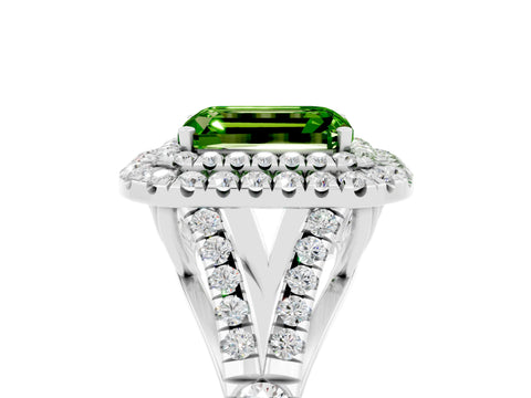 White gold Double Halo Emerald Cut Peridot Split Shank Engagement Ring with Four-Prong Setting_5