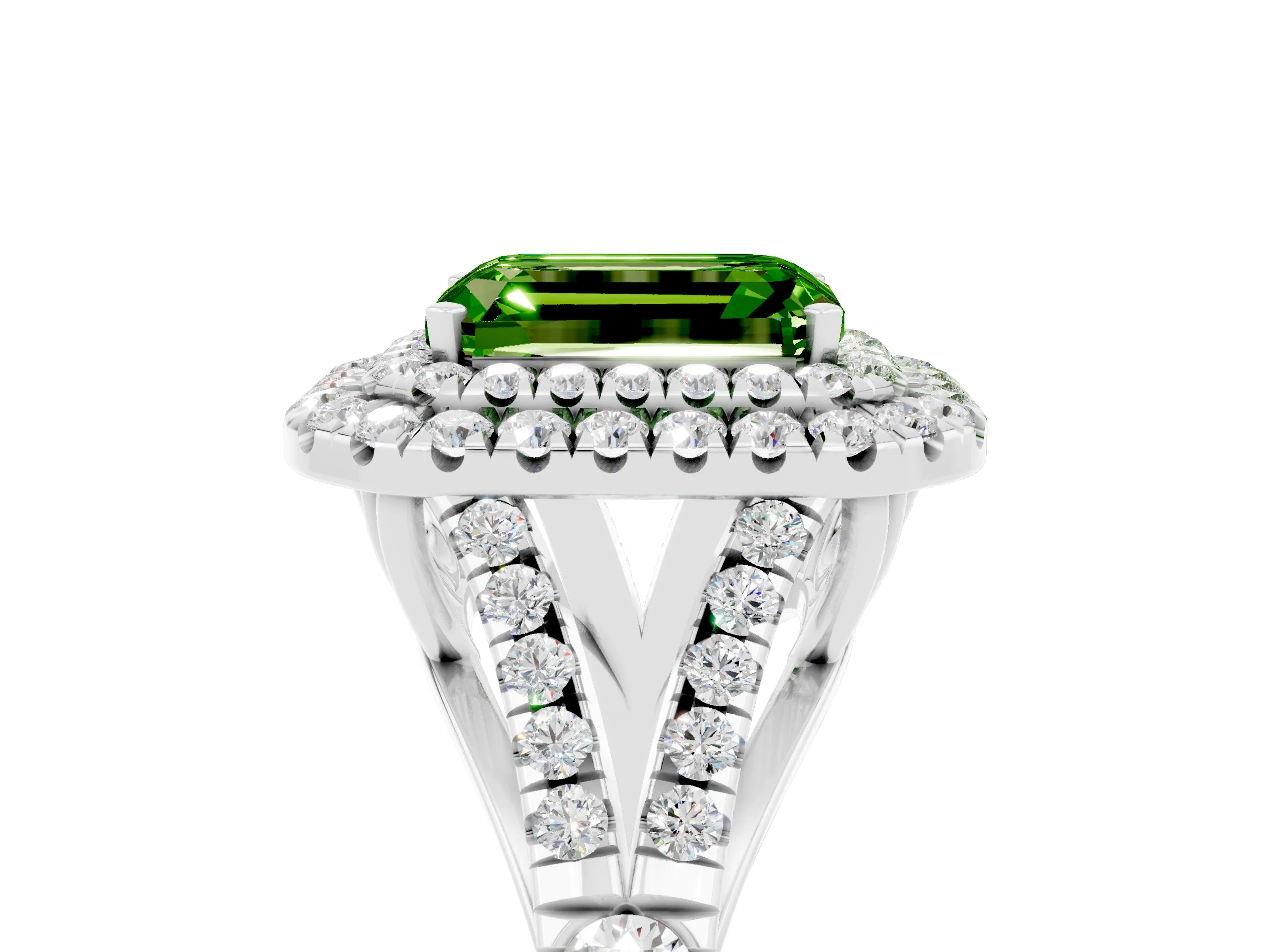 White gold Double Halo Emerald Cut Peridot Split Shank Engagement Ring with Four-Prong Setting_5