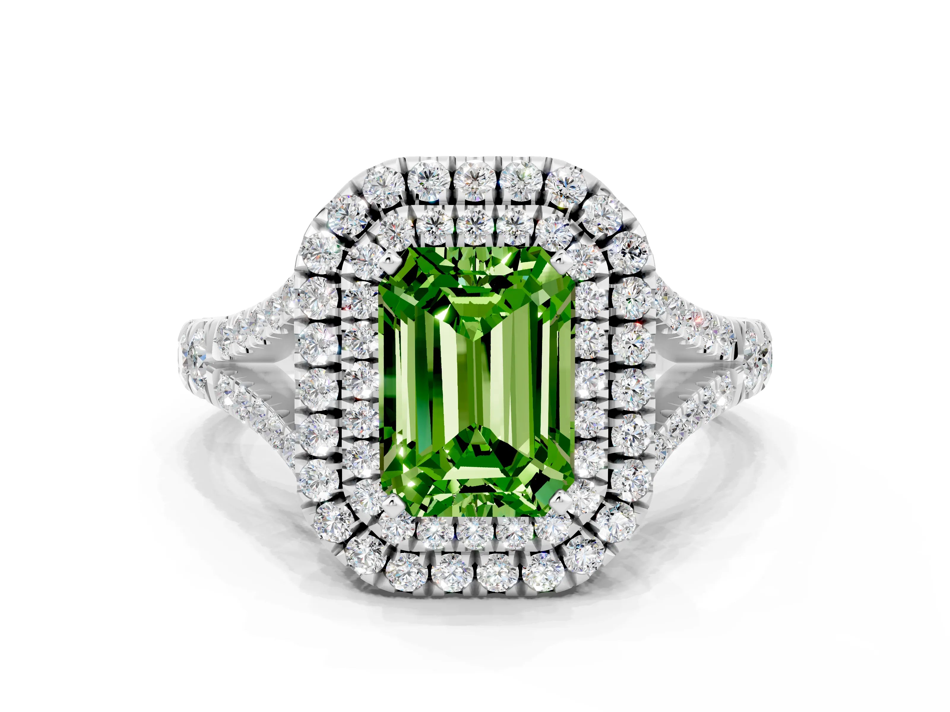 White gold Double Halo Emerald Cut Peridot Split Shank Engagement Ring with Four-Prong Setting