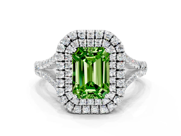Silver Double Halo Emerald Cut Peridot Split Shank Engagement Ring with Four-Prong Setting