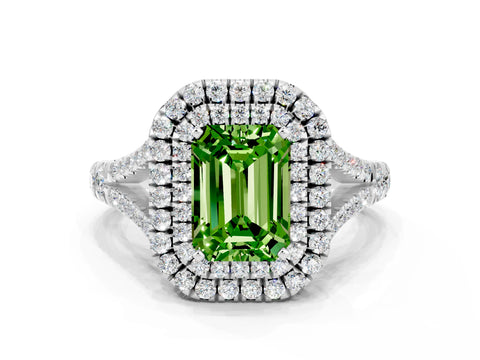 White gold Double Halo Emerald Cut Peridot Split Shank Engagement Ring with Four-Prong Setting