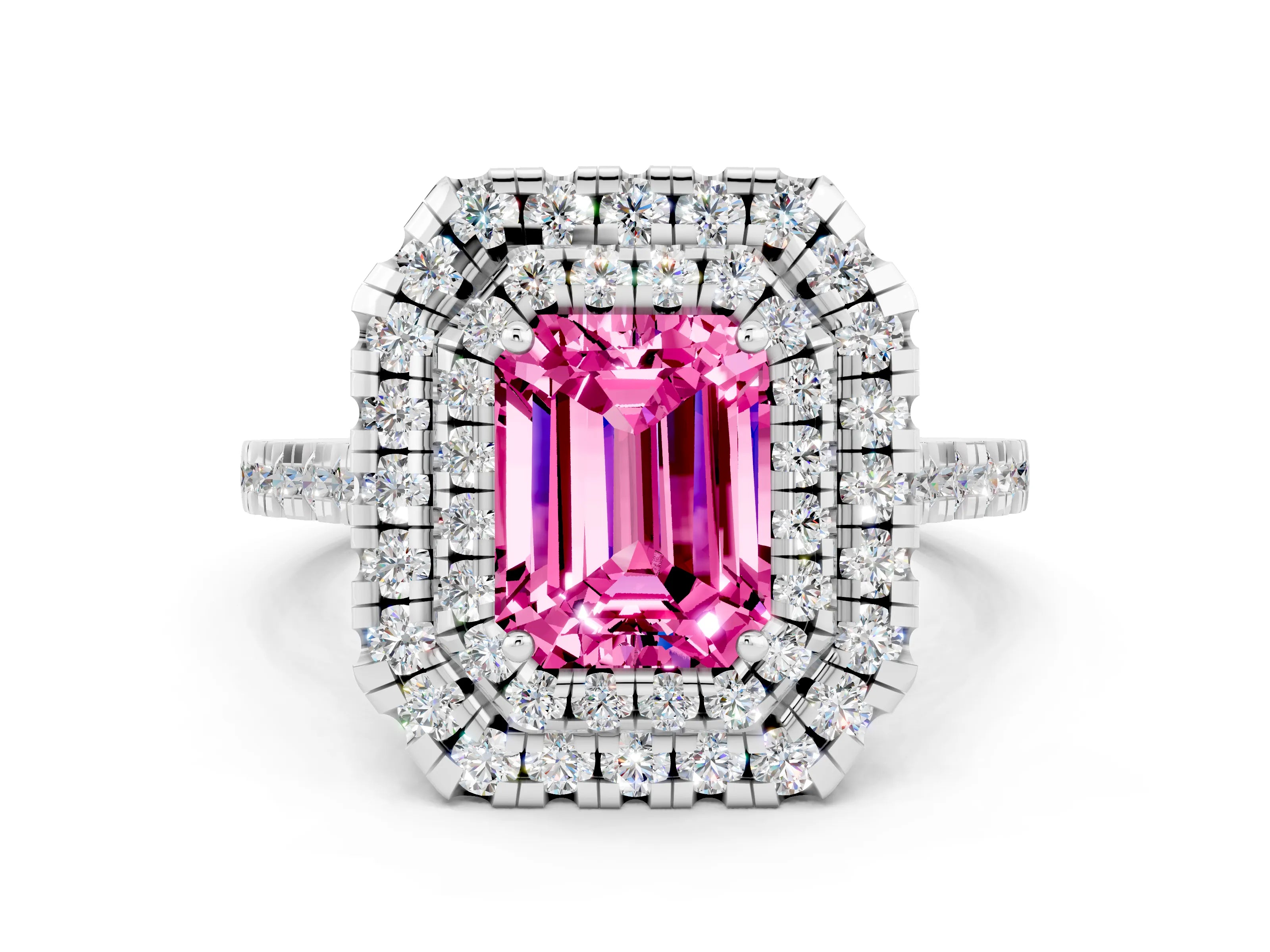 White gold Double Halo Emerald Cut Pink Sapphire Pavé Band with Four-Prong Setting_24