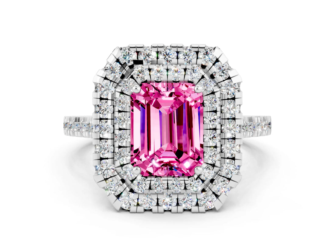White gold Double Halo Emerald Cut Pink Sapphire Pavé Band with Four-Prong Setting_24
