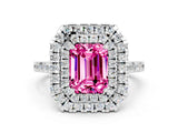 White gold Double Halo Emerald Cut Pink Sapphire Pavé Band with Four-Prong Setting_24