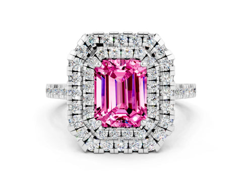 White gold Double Halo Emerald Cut Pink Sapphire Pavé Band with Four-Prong Setting_24