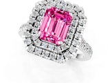 White gold Double Halo Emerald Cut Pink Sapphire Pavé Band with Four-Prong Setting_25