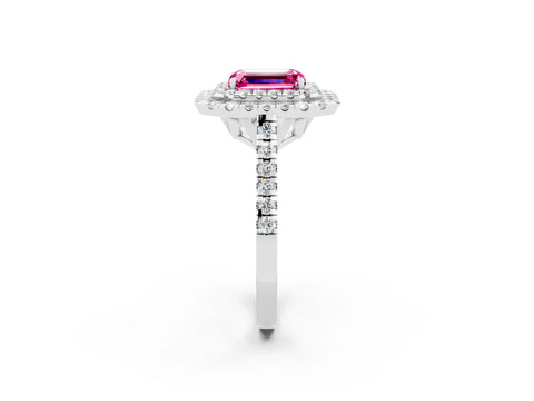 White gold Double Halo Emerald Cut Pink Sapphire Pavé Band with Four-Prong Setting_26