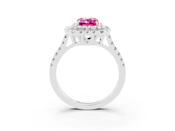 Platinum Double Halo Emerald Cut Pink Sapphire Pavé Band with Four-Prong Setting