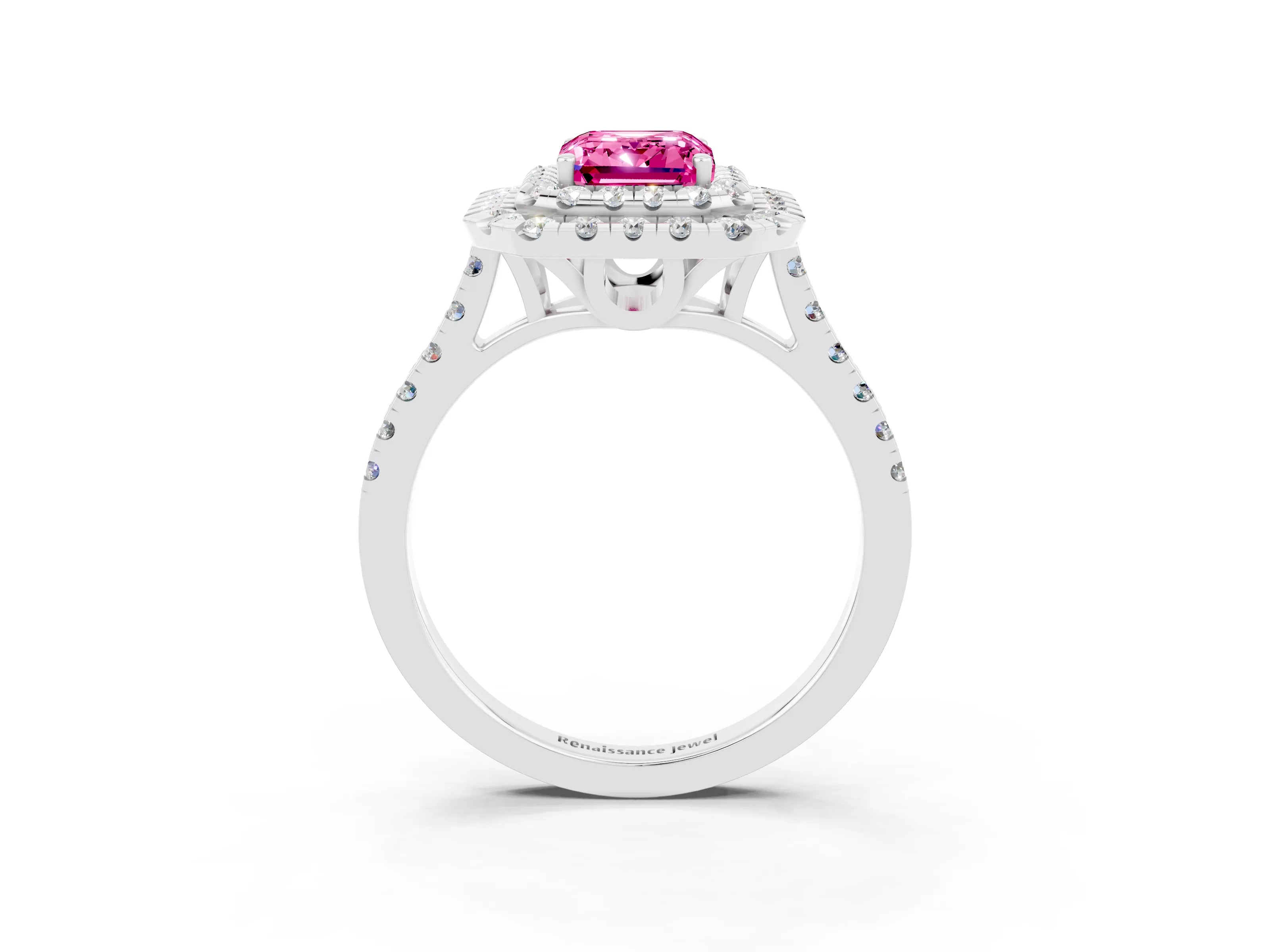 White gold Double Halo Emerald Cut Pink Sapphire Pavé Band with Four-Prong Setting_27