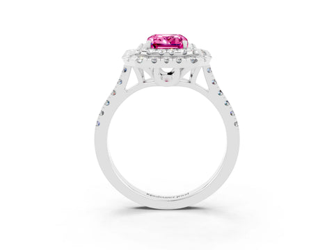 White gold Double Halo Emerald Cut Pink Sapphire Pavé Band with Four-Prong Setting_27