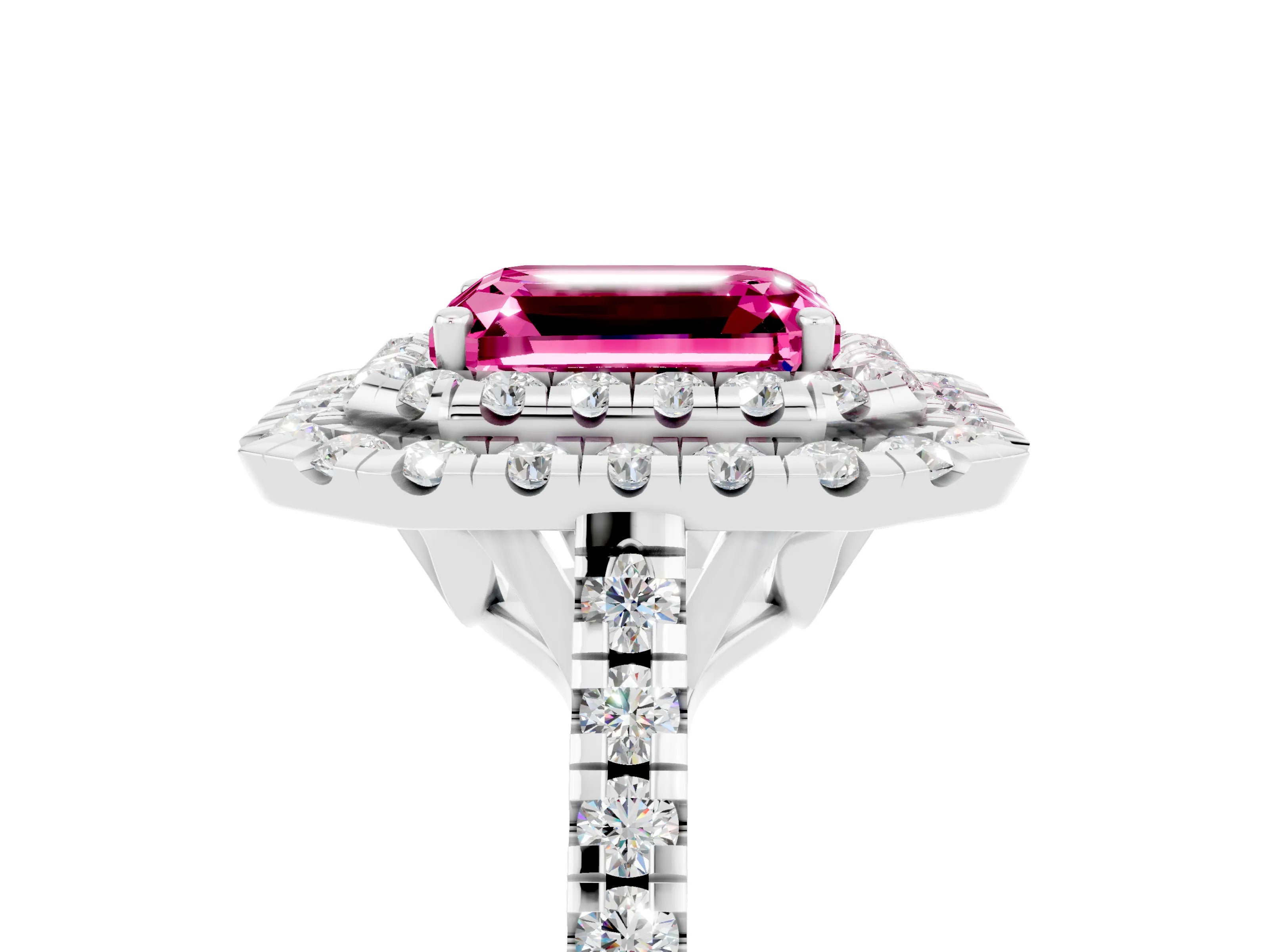 White gold Double Halo Emerald Cut Pink Sapphire Pavé Band with Four-Prong Setting_29