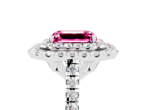 White gold Double Halo Emerald Cut Pink Sapphire Pavé Band with Four-Prong Setting_29