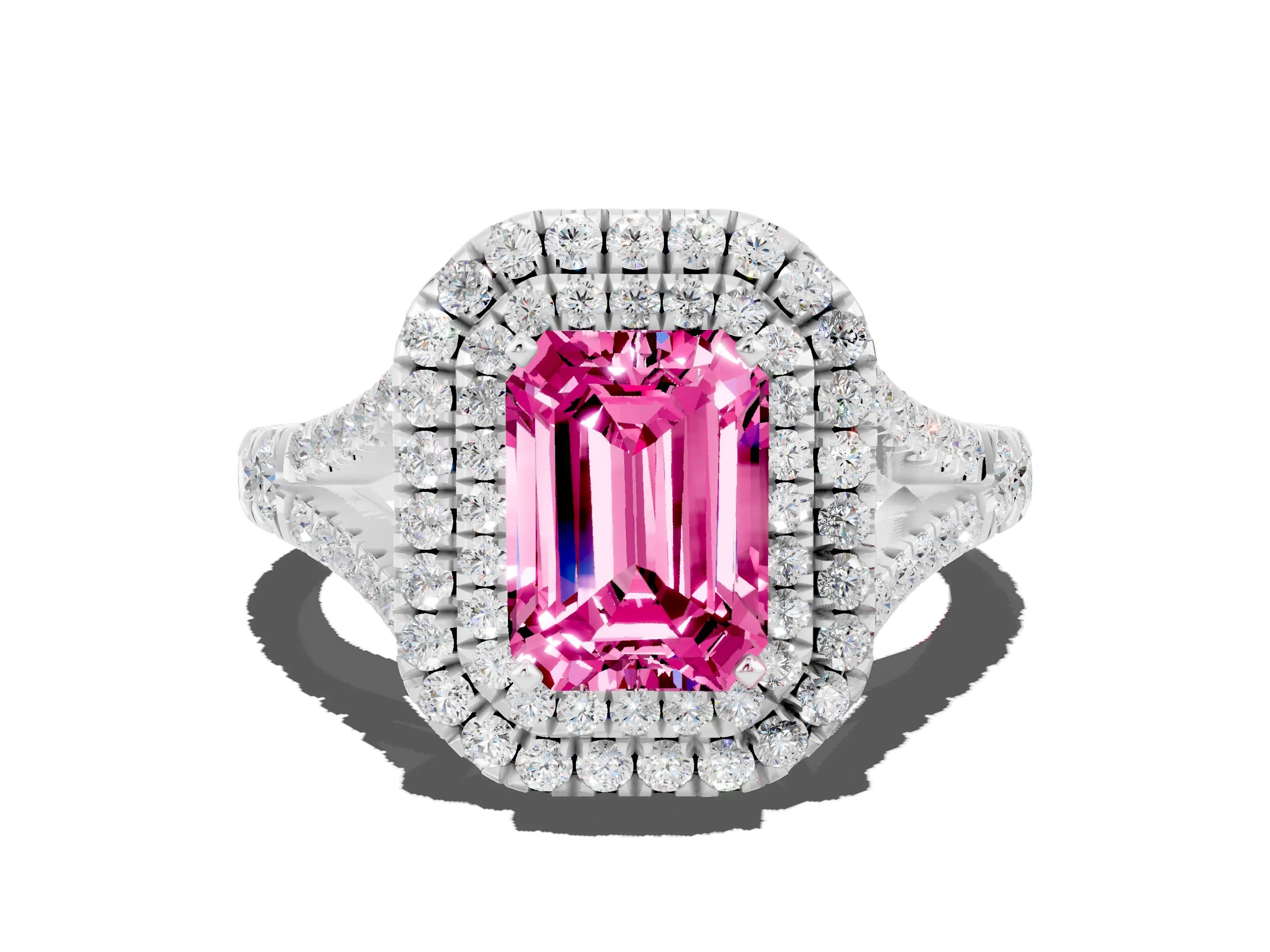 White gold Double Halo Emerald Cut Pink Sapphire Pavé Split Shank Ring with Prong Setting