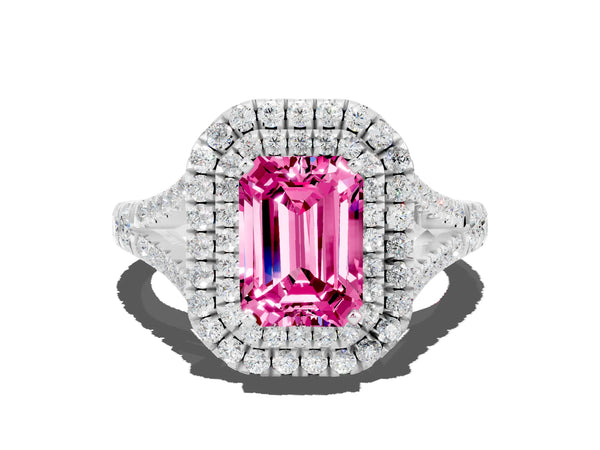 Platinum Double Halo Emerald Cut Pink Sapphire Pavé Split Shank Ring with Prong Setting