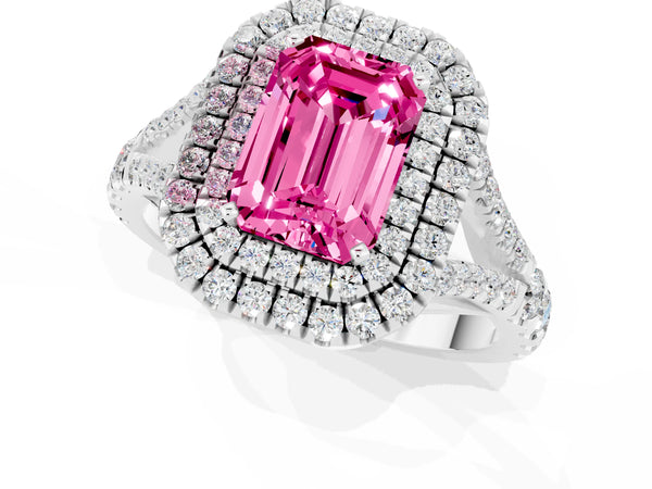 Silver Double Halo Emerald Cut Pink Sapphire Pavé Split Shank Ring with Prong Setting
