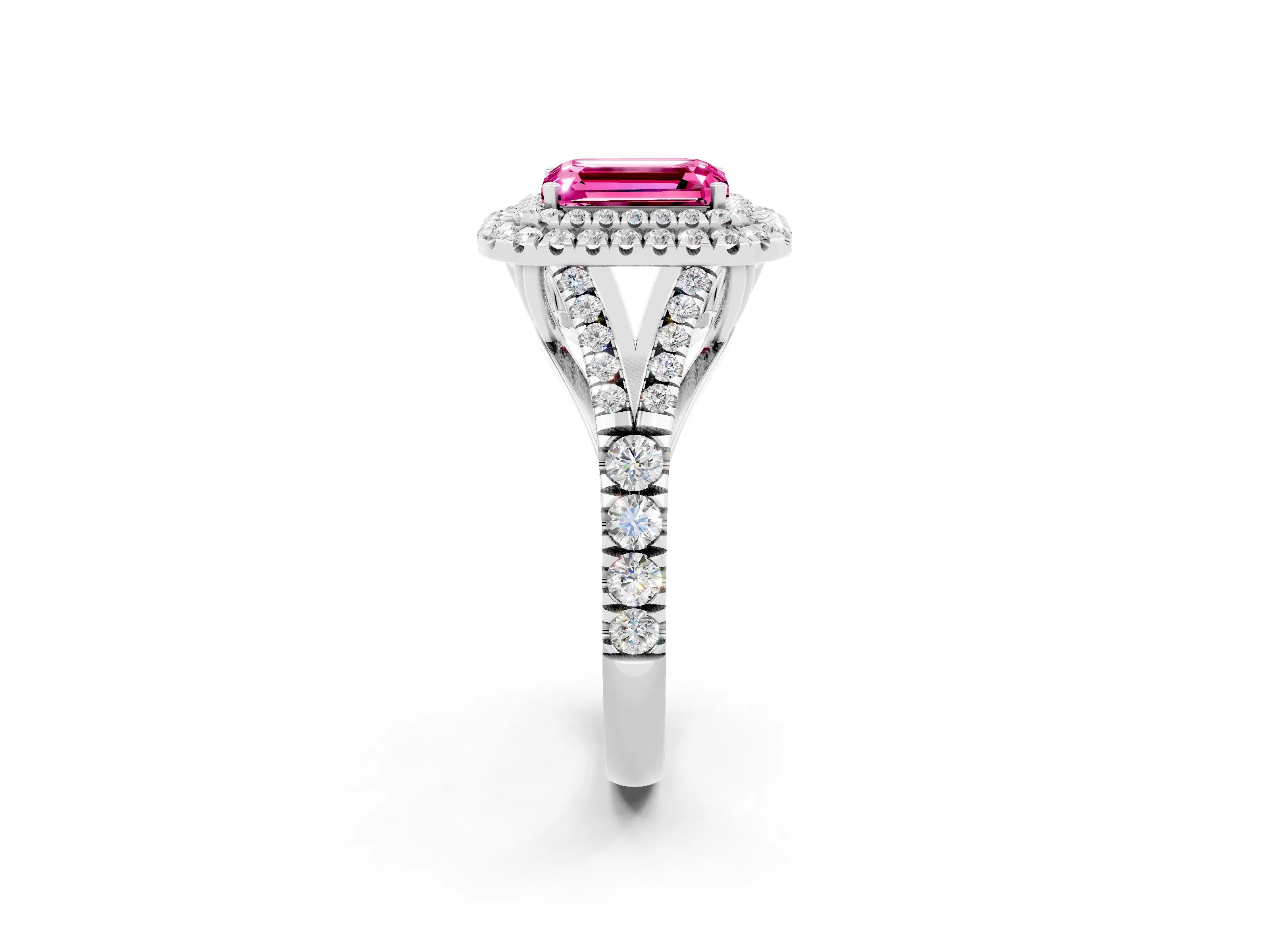 White gold Double Halo Emerald Cut Pink Sapphire Pavé Split Shank Ring with Prong Setting_2