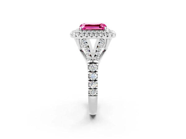 Silver Double Halo Emerald Cut Pink Sapphire Pavé Split Shank Ring with Prong Setting