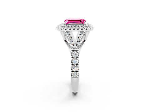 White gold Double Halo Emerald Cut Pink Sapphire Pavé Split Shank Ring with Prong Setting_2