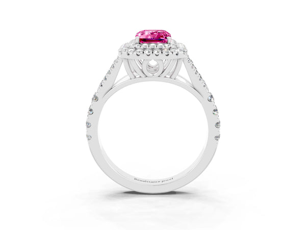 Platinum Double Halo Emerald Cut Pink Sapphire Pavé Split Shank Ring with Prong Setting