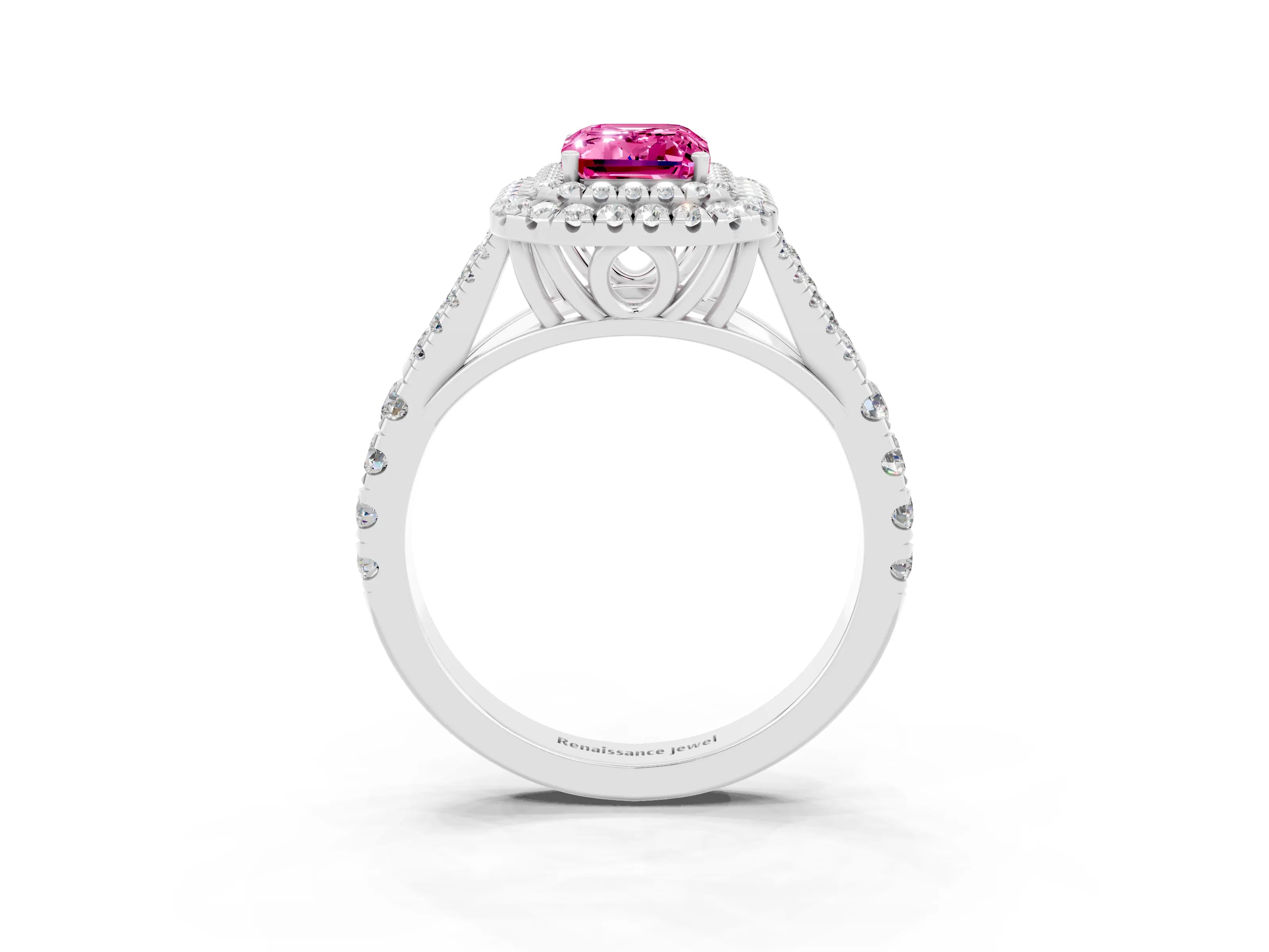 White gold Double Halo Emerald Cut Pink Sapphire Pavé Split Shank Ring with Prong Setting_3