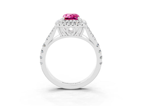 White gold Double Halo Emerald Cut Pink Sapphire Pavé Split Shank Ring with Prong Setting_3