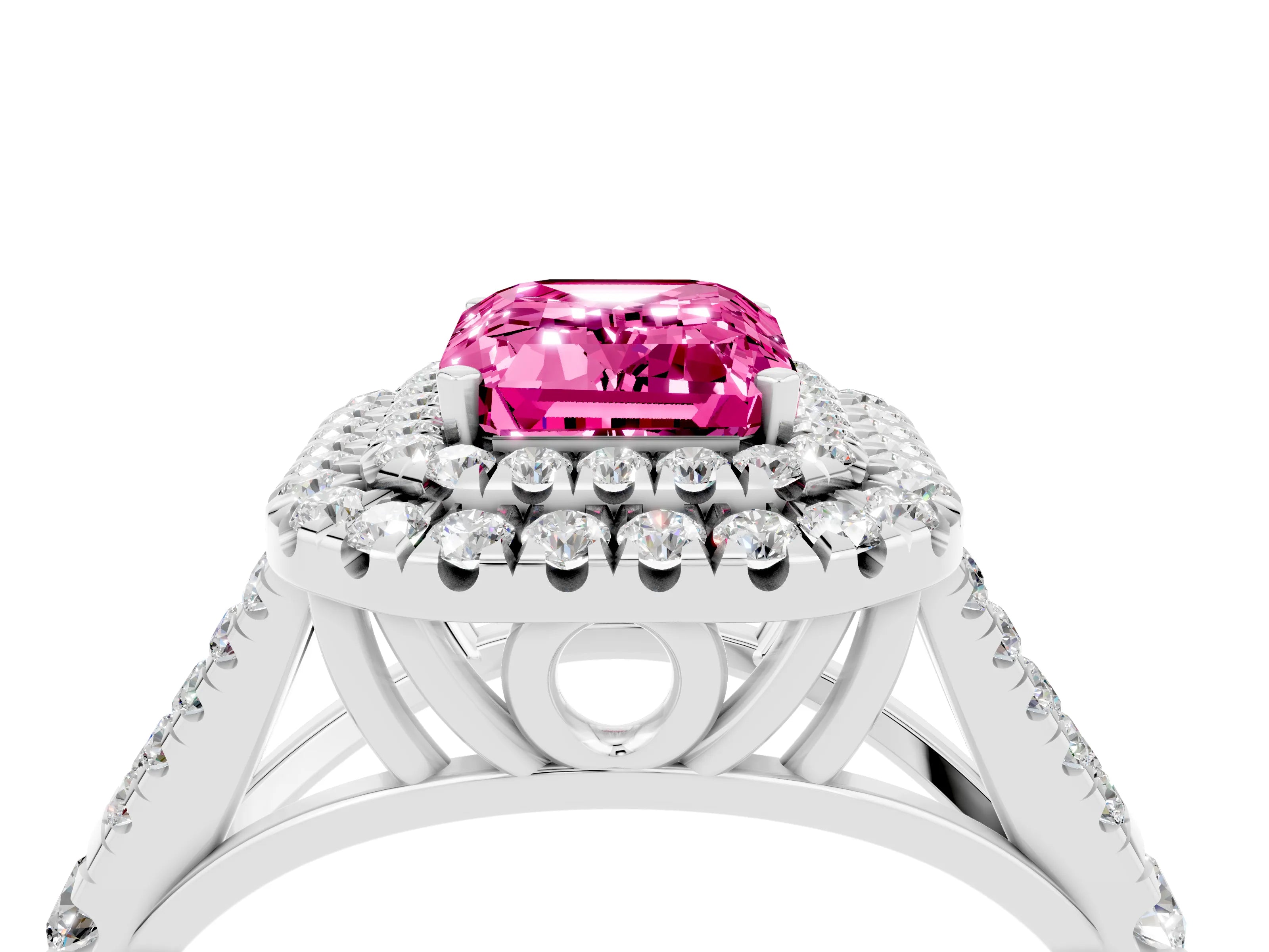 White gold Double Halo Emerald Cut Pink Sapphire Pavé Split Shank Ring with Prong Setting_4