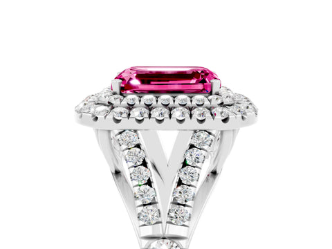 White gold Double Halo Emerald Cut Pink Sapphire Pavé Split Shank Ring with Prong Setting_5