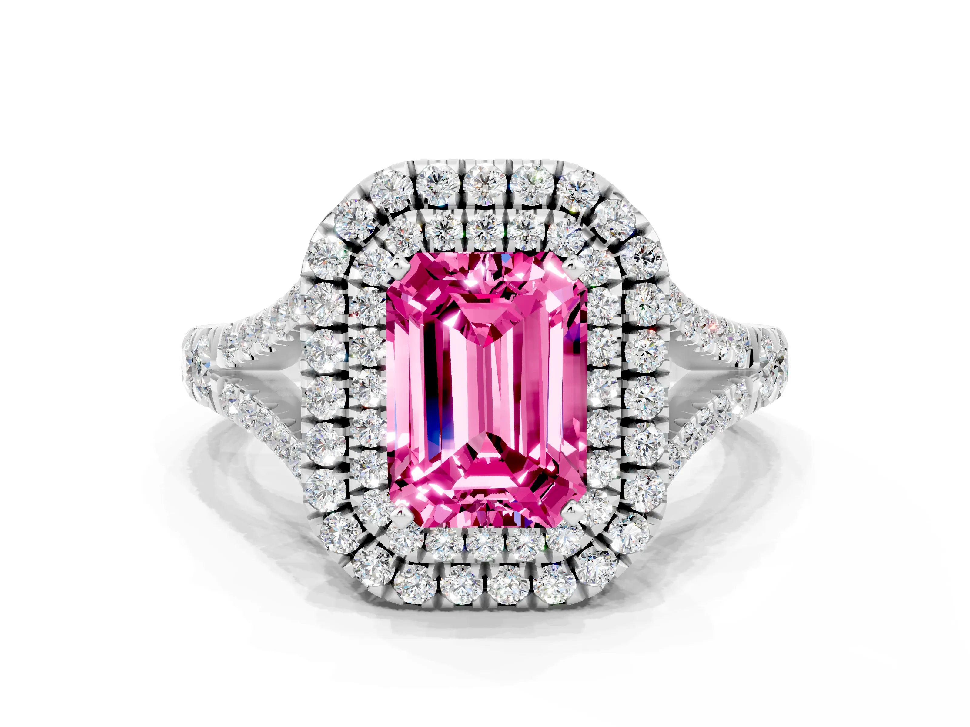 White gold Double Halo Emerald Cut Pink Sapphire Split Shank Engagement Ring with Four-Prong Setting