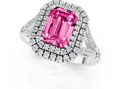 White gold Double Halo Emerald Cut Pink Sapphire Split Shank Engagement Ring with Four-Prong Setting_1