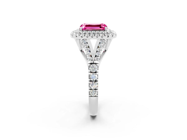 Platinum Double Halo Emerald Cut Pink Sapphire Split Shank Engagement Ring with Four-Prong Setting