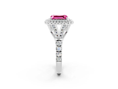 White gold Double Halo Emerald Cut Pink Sapphire Split Shank Engagement Ring with Four-Prong Setting_2