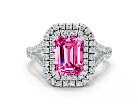 White gold Double Halo Emerald Cut Pink Sapphire Split Shank Engagement Ring with Four-Prong Setting