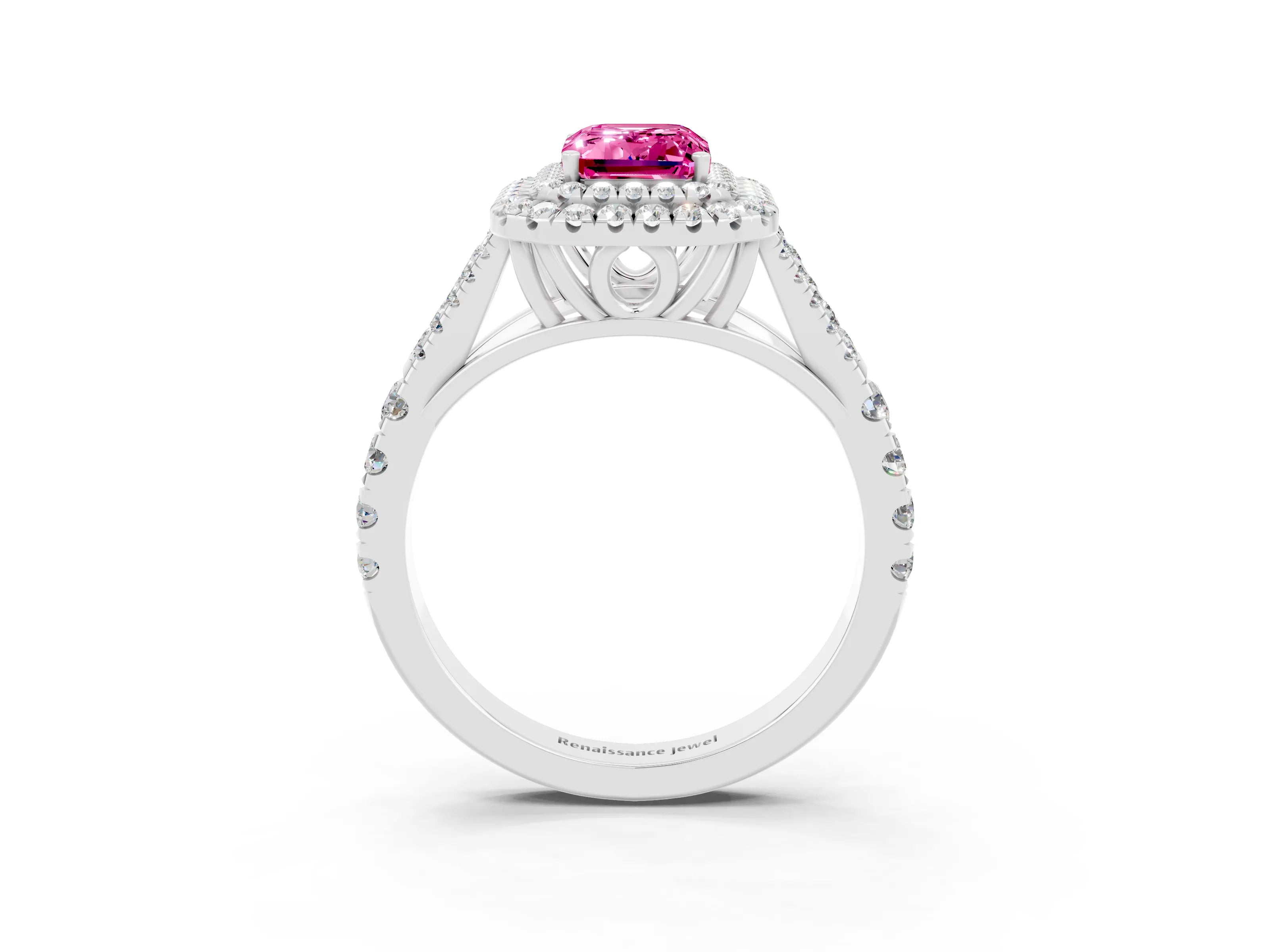 White gold Double Halo Emerald Cut Pink Sapphire Split Shank Engagement Ring with Four-Prong Setting_3
