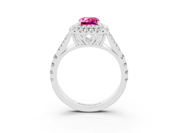 Silver Double Halo Emerald Cut Pink Sapphire Split Shank Engagement Ring with Four-Prong Setting