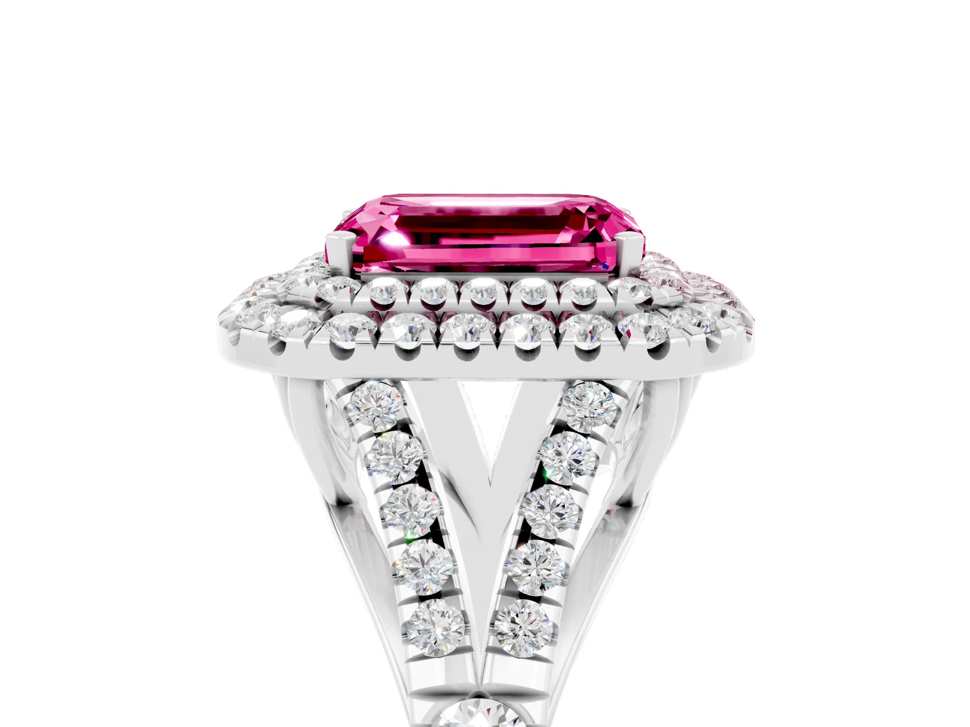White gold Double Halo Emerald Cut Pink Sapphire Split Shank Engagement Ring with Four-Prong Setting_5