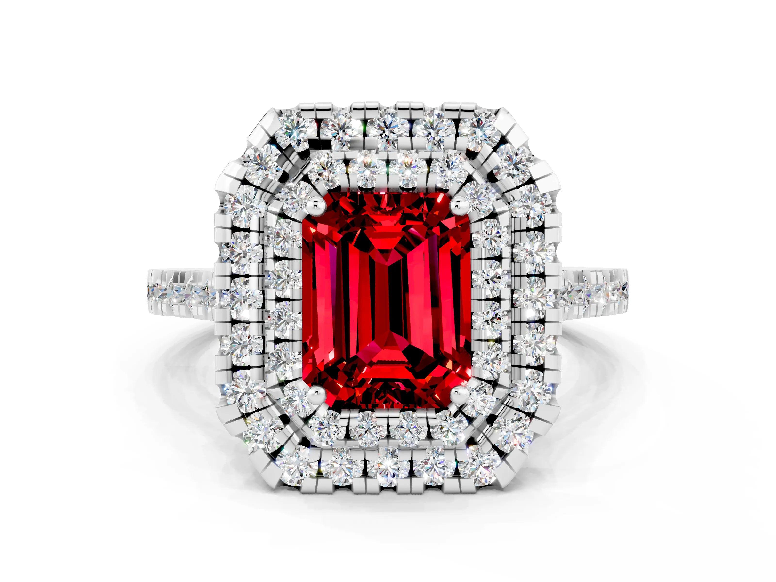 White gold Double Halo Emerald Cut Ruby Pavé Band with Four-Prong Setting