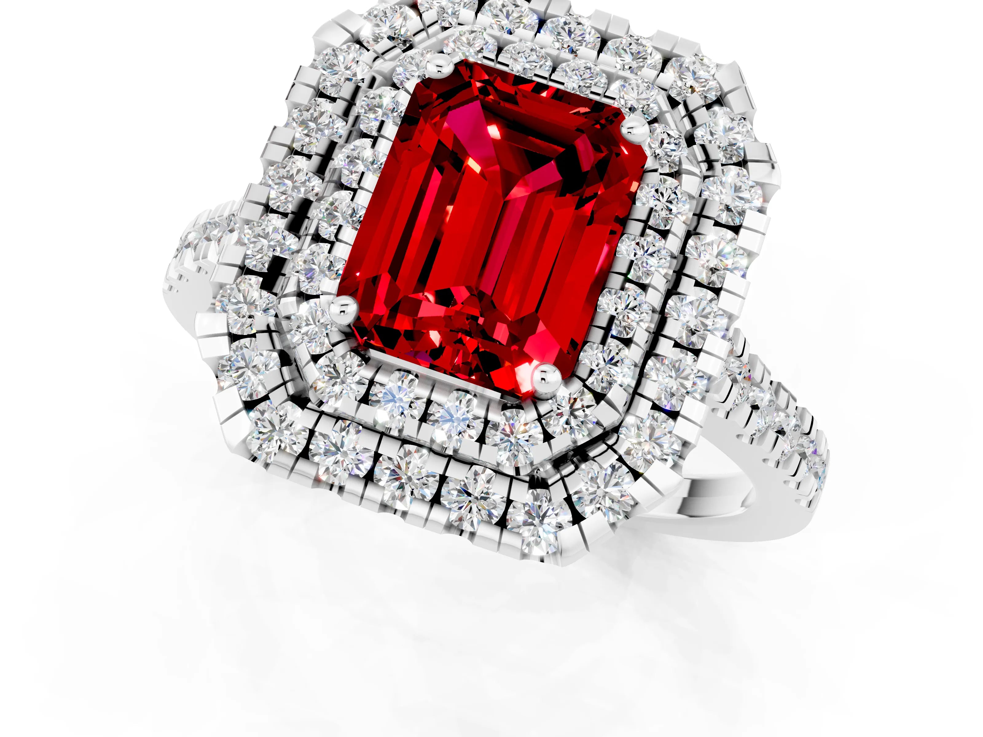 White gold Double Halo Emerald Cut Ruby Pavé Band with Four-Prong Setting_1
