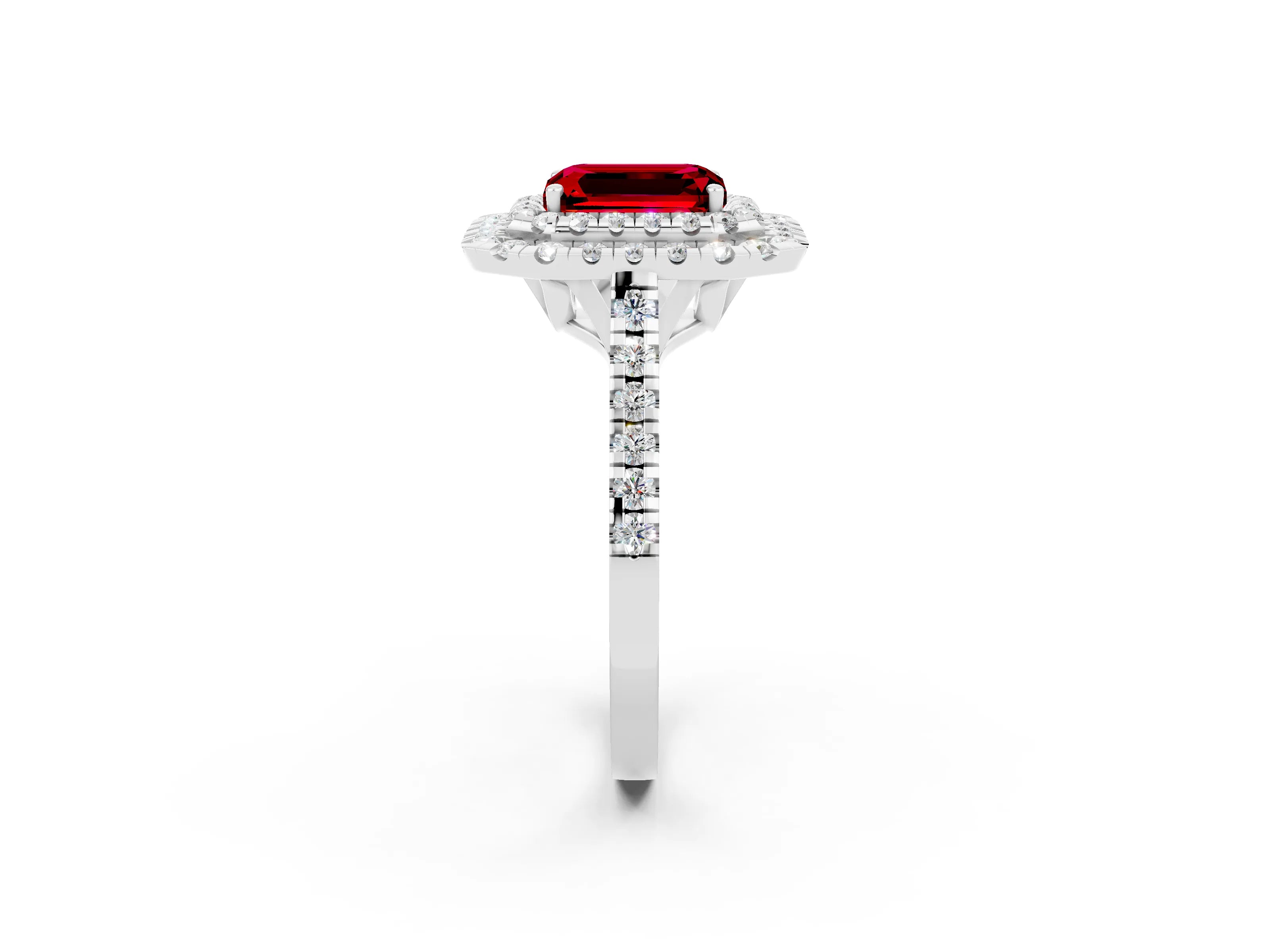 White gold Double Halo Emerald Cut Ruby Pavé Band with Four-Prong Setting_2