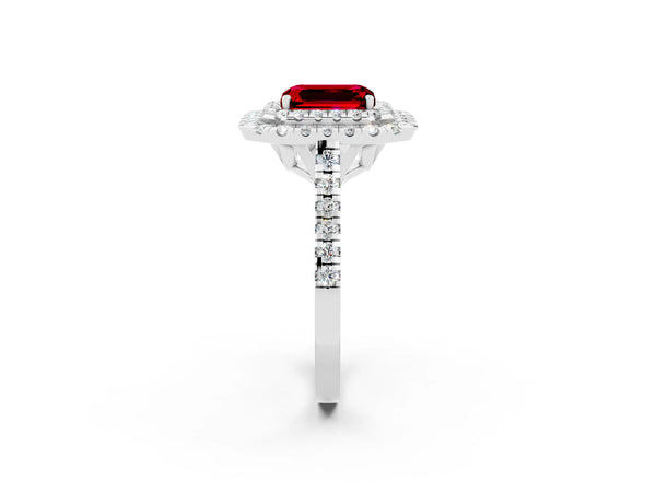 Platinum Double Halo Emerald Cut Ruby Pavé Band with Four-Prong Setting