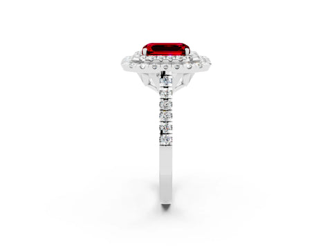 White gold Double Halo Emerald Cut Ruby Pavé Band with Four-Prong Setting_2