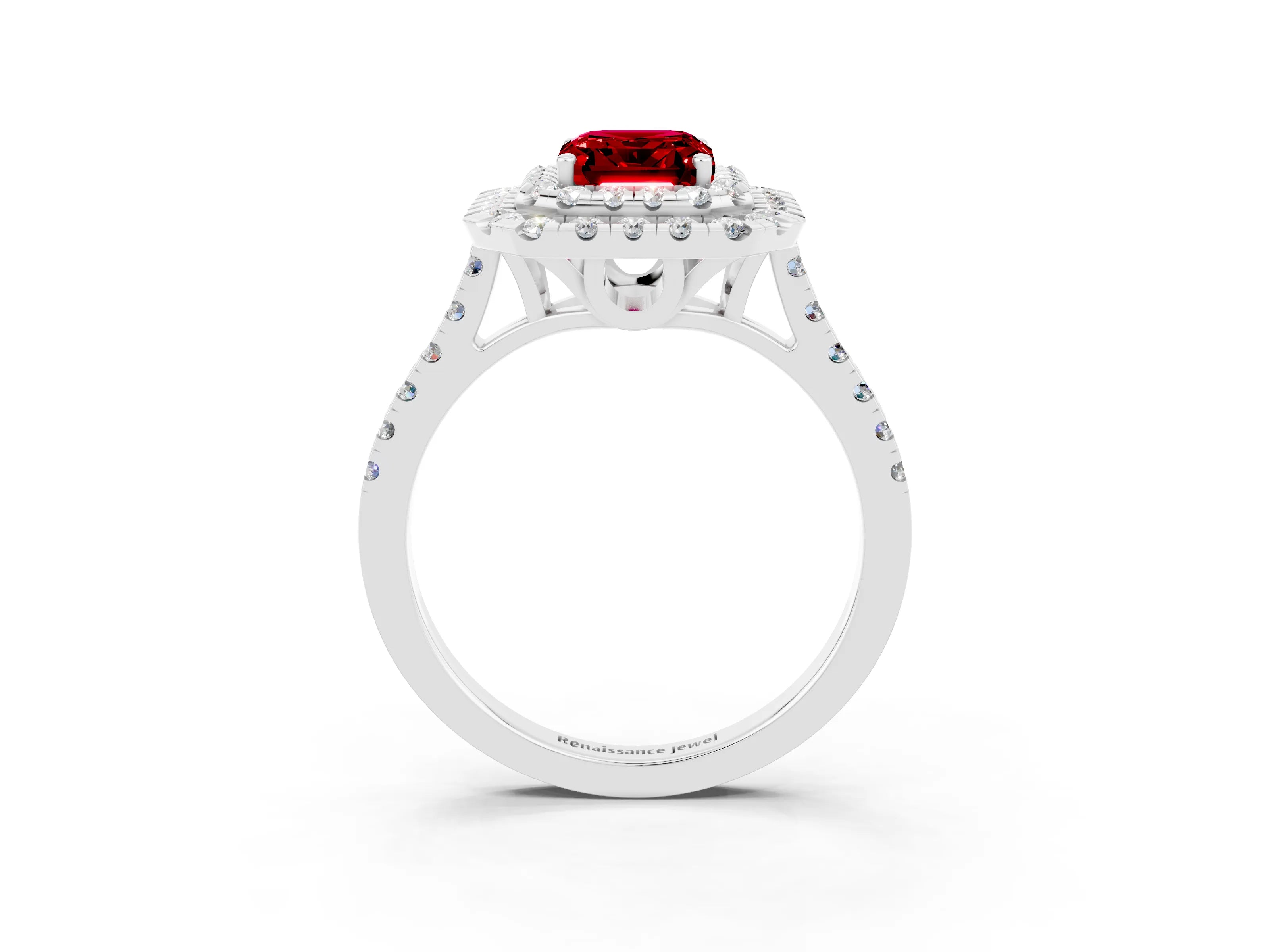 White gold Double Halo Emerald Cut Ruby Pavé Band with Four-Prong Setting_3