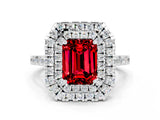 White gold Double Halo Emerald Cut Ruby Pavé Band with Four-Prong Setting