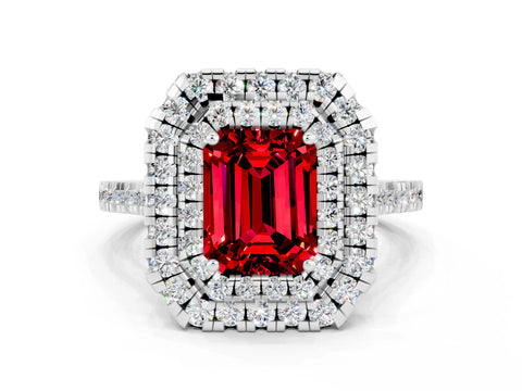 White gold Double Halo Emerald Cut Ruby Pavé Band with Four-Prong Setting
