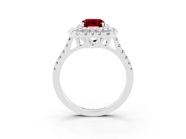 White gold Double Halo Emerald Cut Ruby Pavé Band with Four-Prong Setting