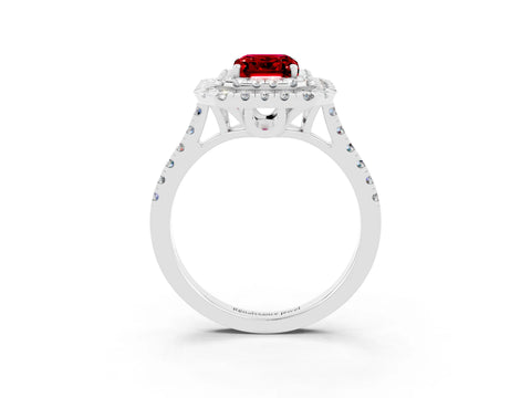 White gold Double Halo Emerald Cut Ruby Pavé Band with Four-Prong Setting_3